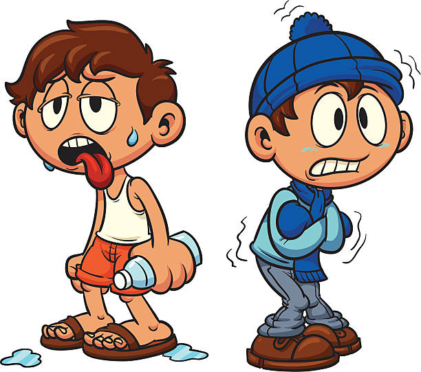 Cartoon kid in hot and cold weather.